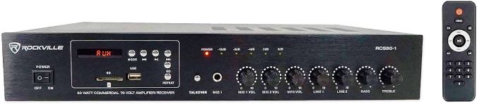 Rockville RCS80 1 60 Watt 70V 100V Commercial Amp Bluetooth Receiver 4 8 16 Ohm Speakers Restaurants Offices